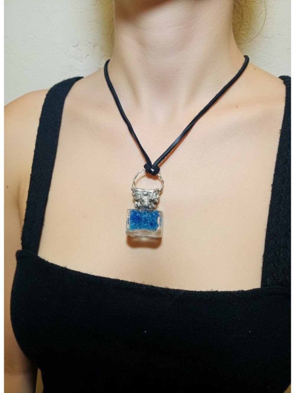 Repurposed VINTG Perfume Glass Bottle Pendant Necklace w Rustic Silver Metalwork